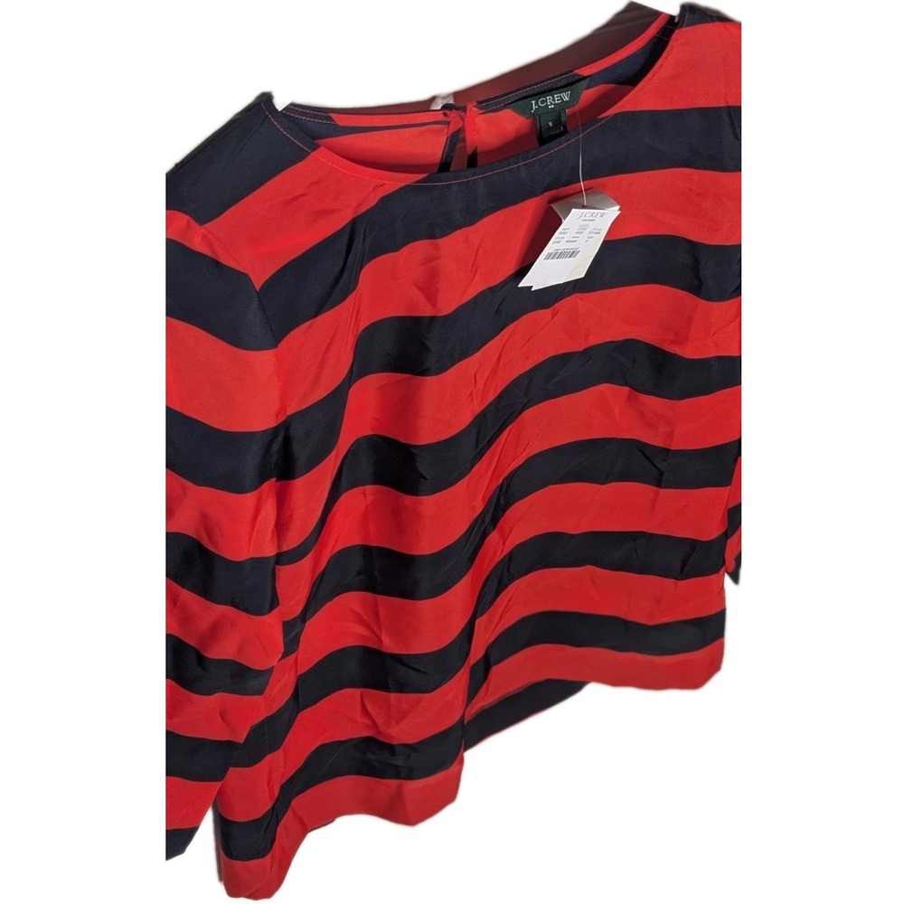 J Crew Women's Blouse NWT Small Lightweight Polyester Navy Orange Rugby‎ Stripes - Picture 2 of 6